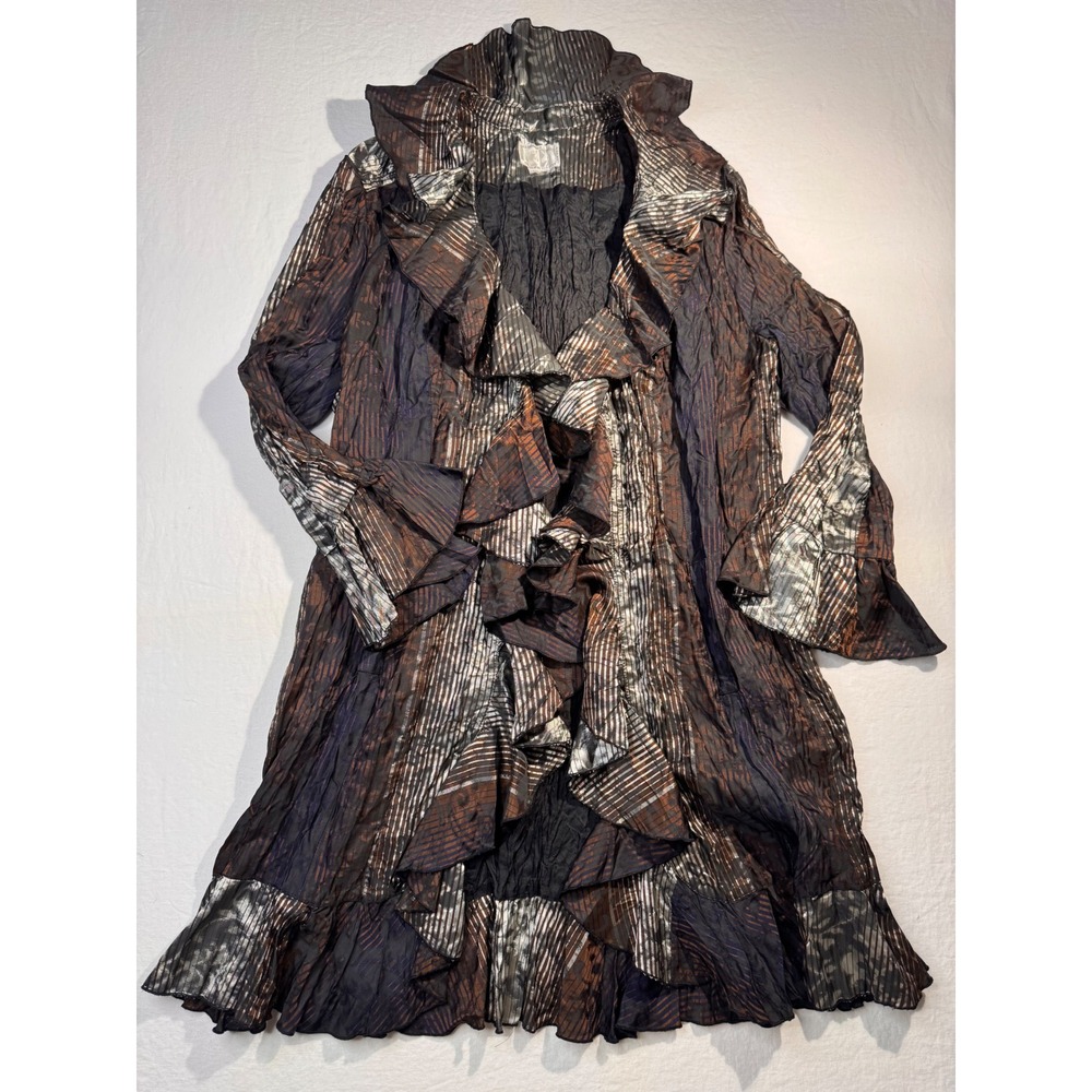 Alberto Makali Metallic Crinkle Ruffle Duster Jacket Bronze Silver Size M